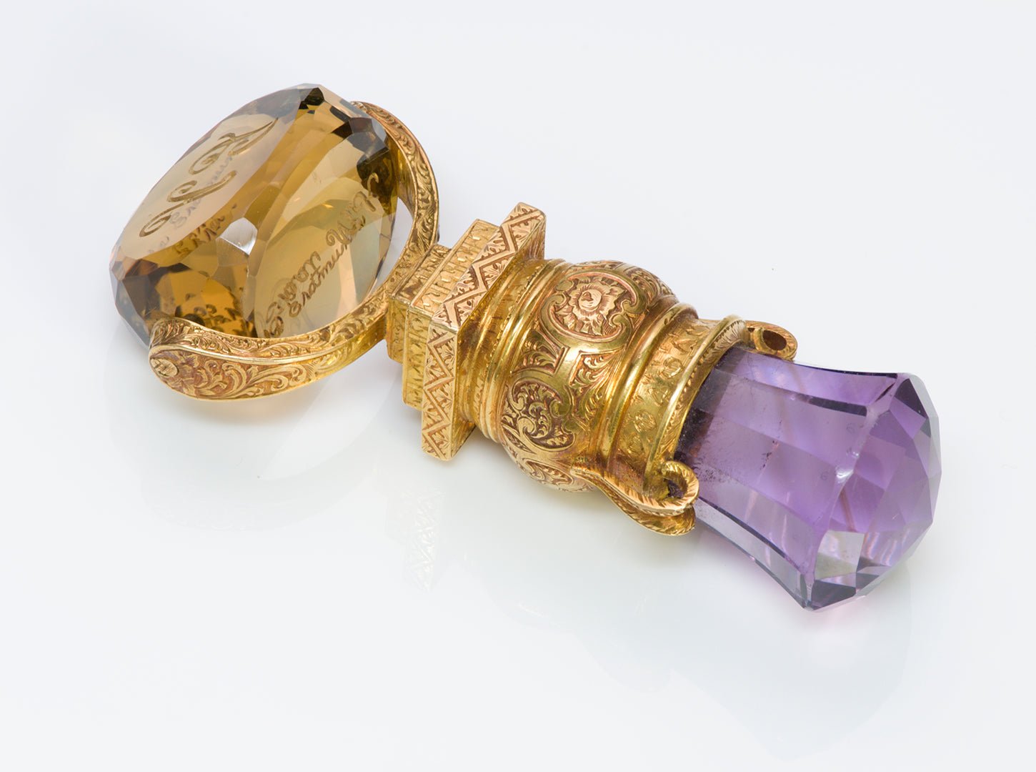 Antique Victorian Amethyst Citrine Engraved Gold Seal