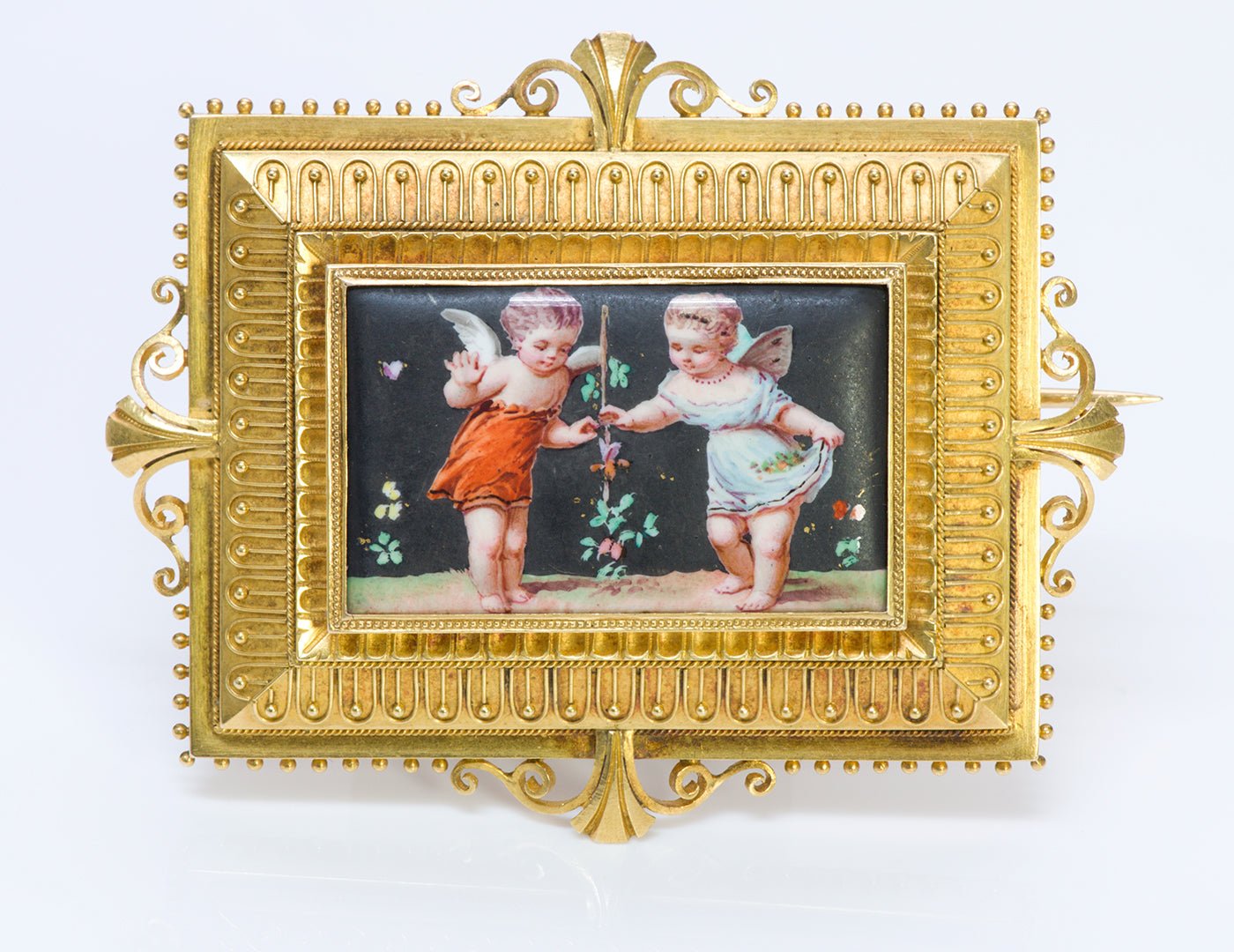 Antique Victorian Cherubs Angels 18K Yellow Gold Brooch - DSF Antique Jewelry