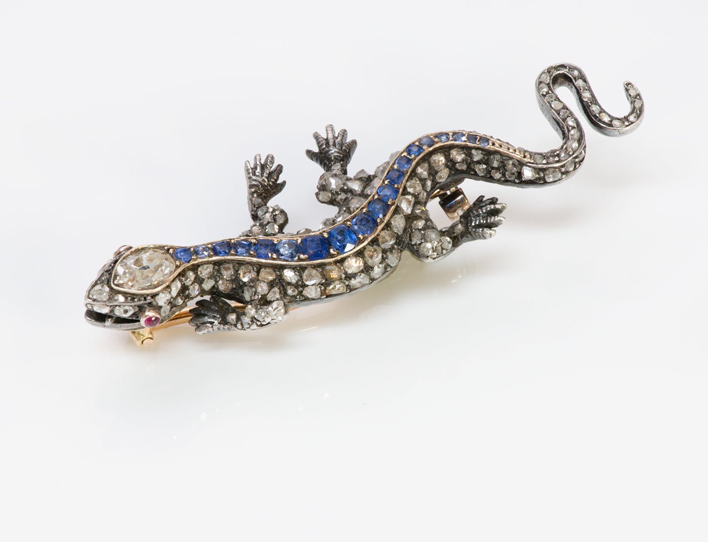 Antique Victorian Diamond Sapphire Silver Gold Lizard Brooch
