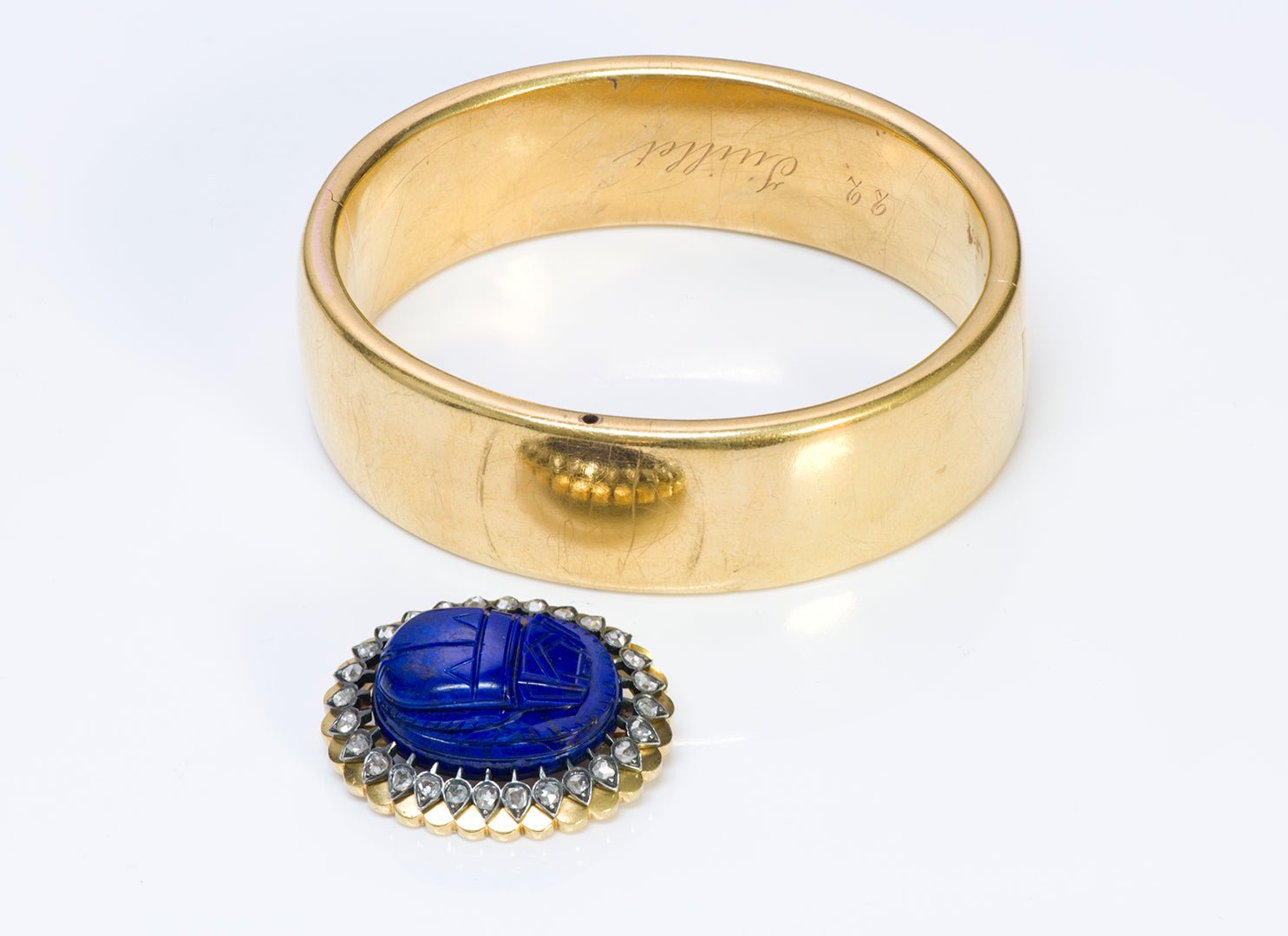 Antique Victorian Egyptian Revival Lapis Scarab Diamond Gold Bangle Bracelet