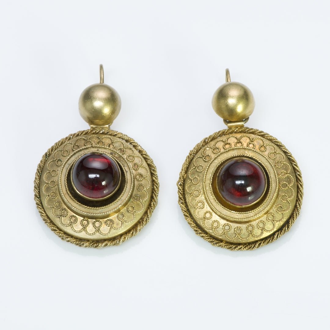 Antique Victorian Etruscan Gold Garnet Earrings - DSF Antique Jewelry