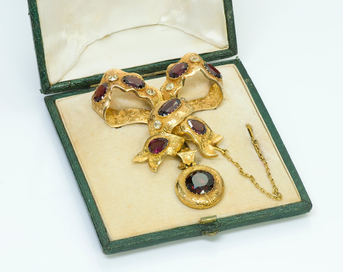 Antique Victorian Garnet Chrysoprase Bow Gold Brooch