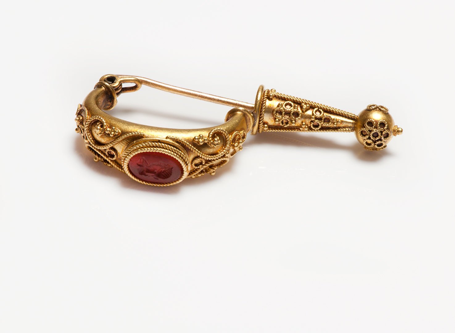 Antique Victorian Gold Carnelian Intaglio Fibula - DSF Antique Jewelry