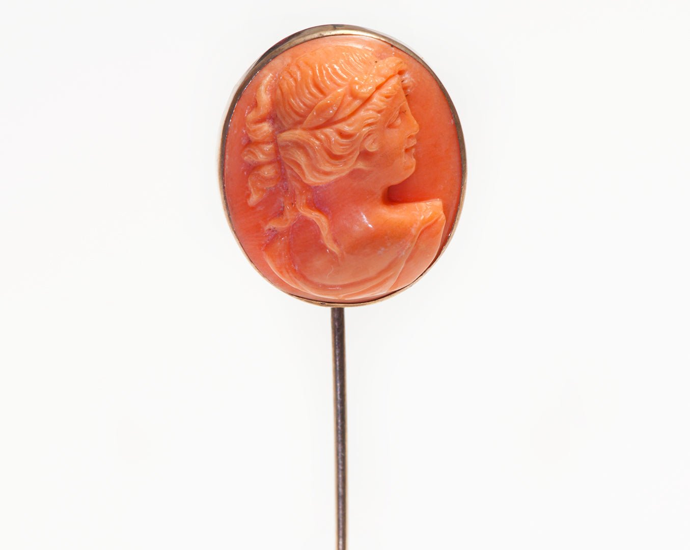 Antique Victorian Gold Carved Coral Lady Cameo Stick Pin - DSF Antique Jewelry