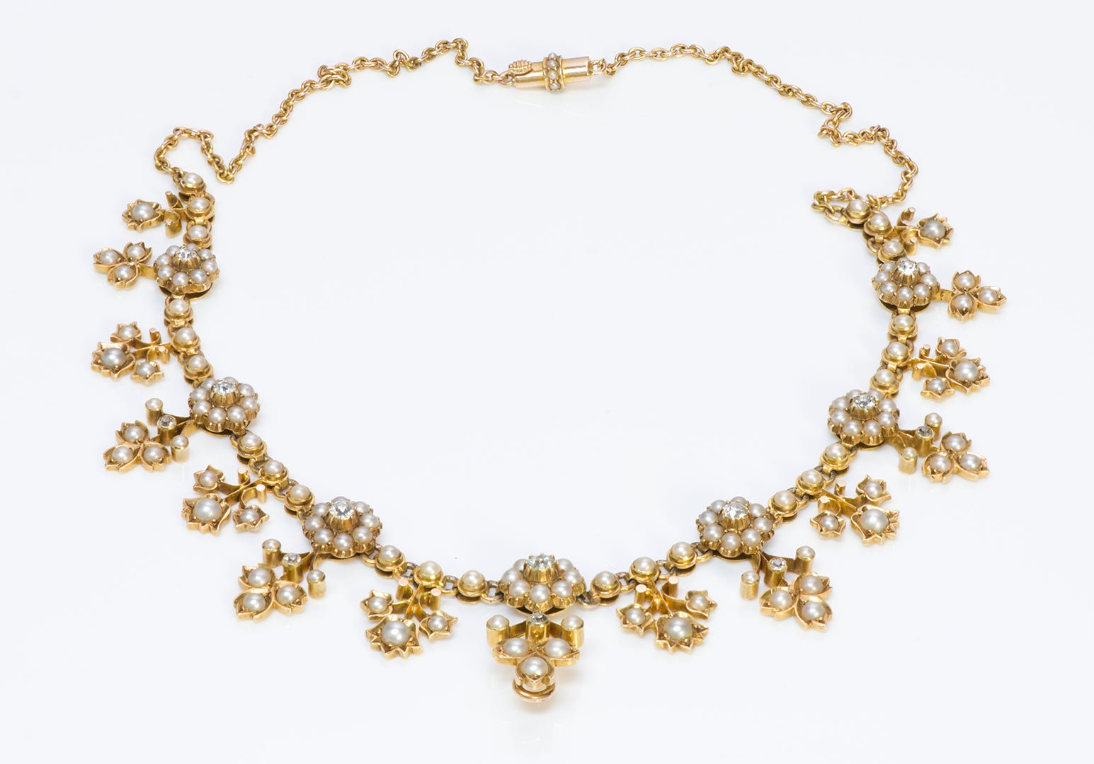 Antique Victorian Gold Diamond and Pearl Necklace - DSF Antique Jewelry