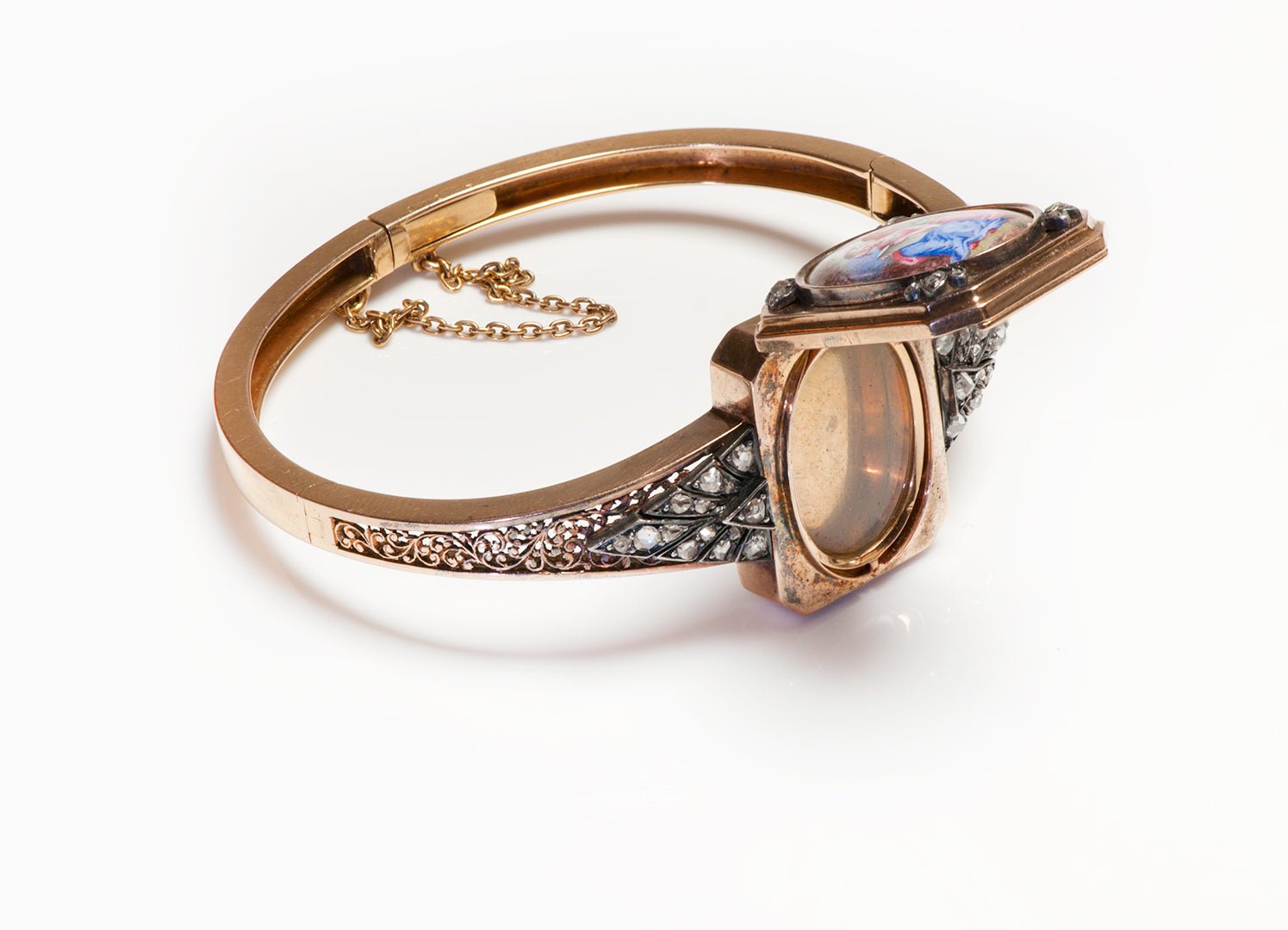 Antique Victorian Gold Diamond Enamel Locket Bangle Bracelet
