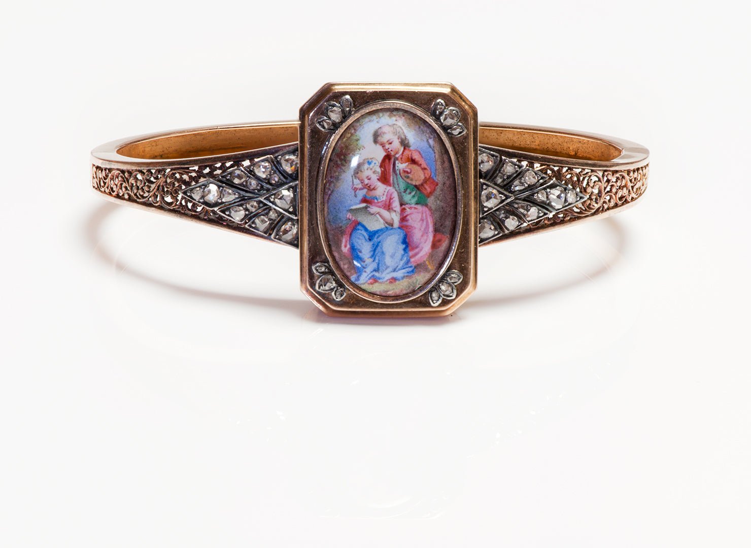 Antique Victorian Gold Diamond Enamel Locket Bangle Bracelet - DSF Antique Jewelry