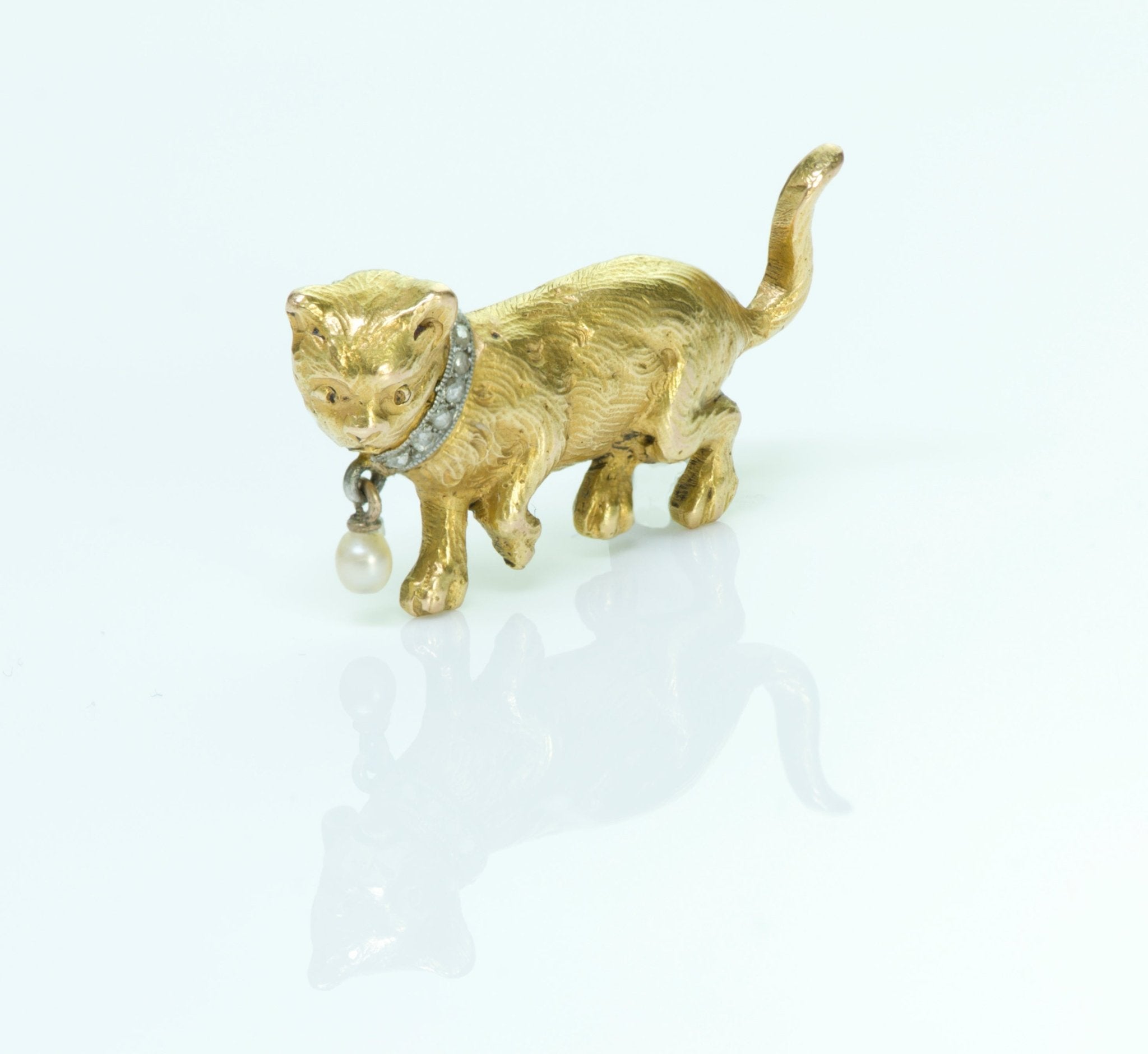 Antique Victorian Gold Diamond Pearl Cat Brooch