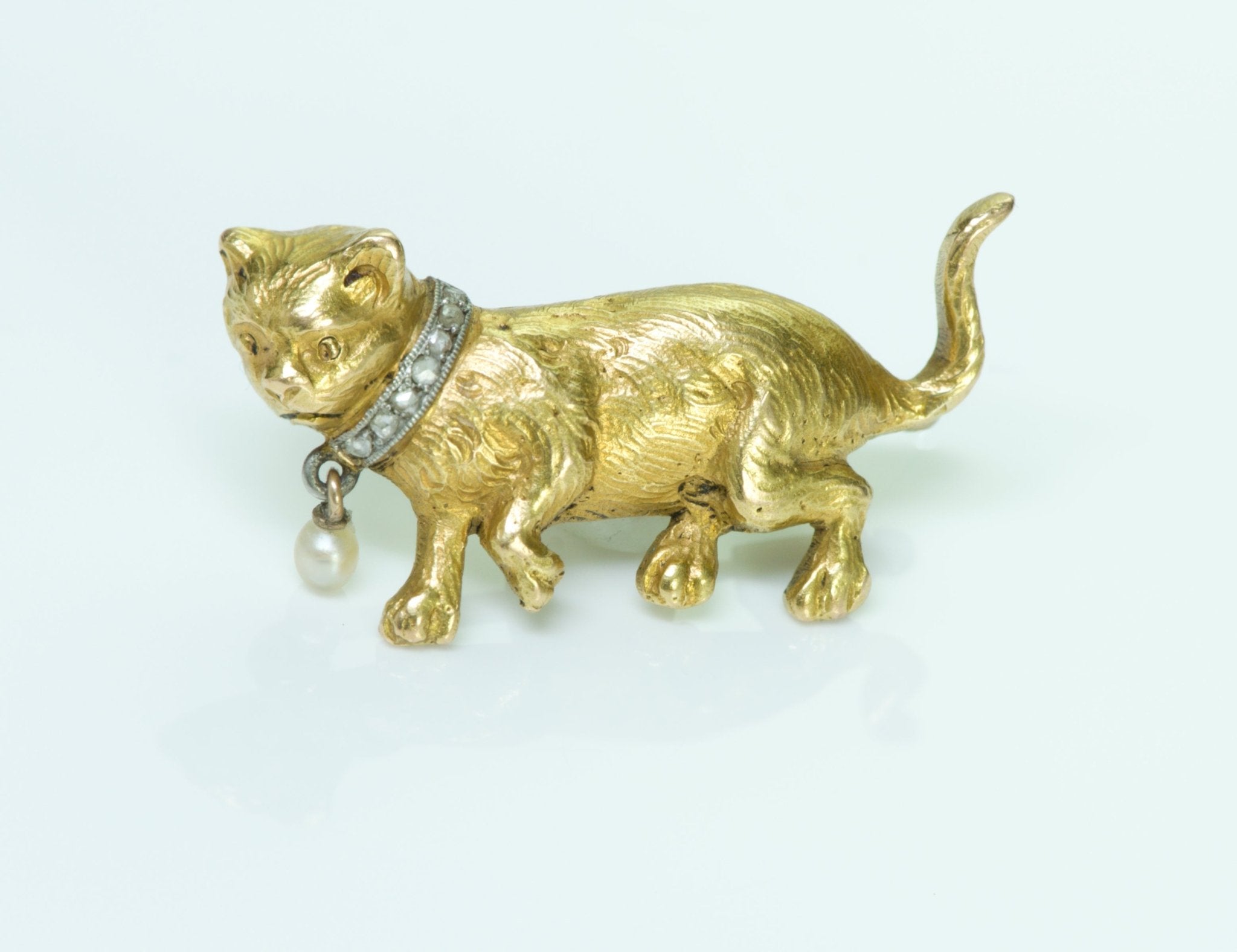 Antique Victorian Gold Diamond Pearl Cat Brooch - DSF Antique Jewelry