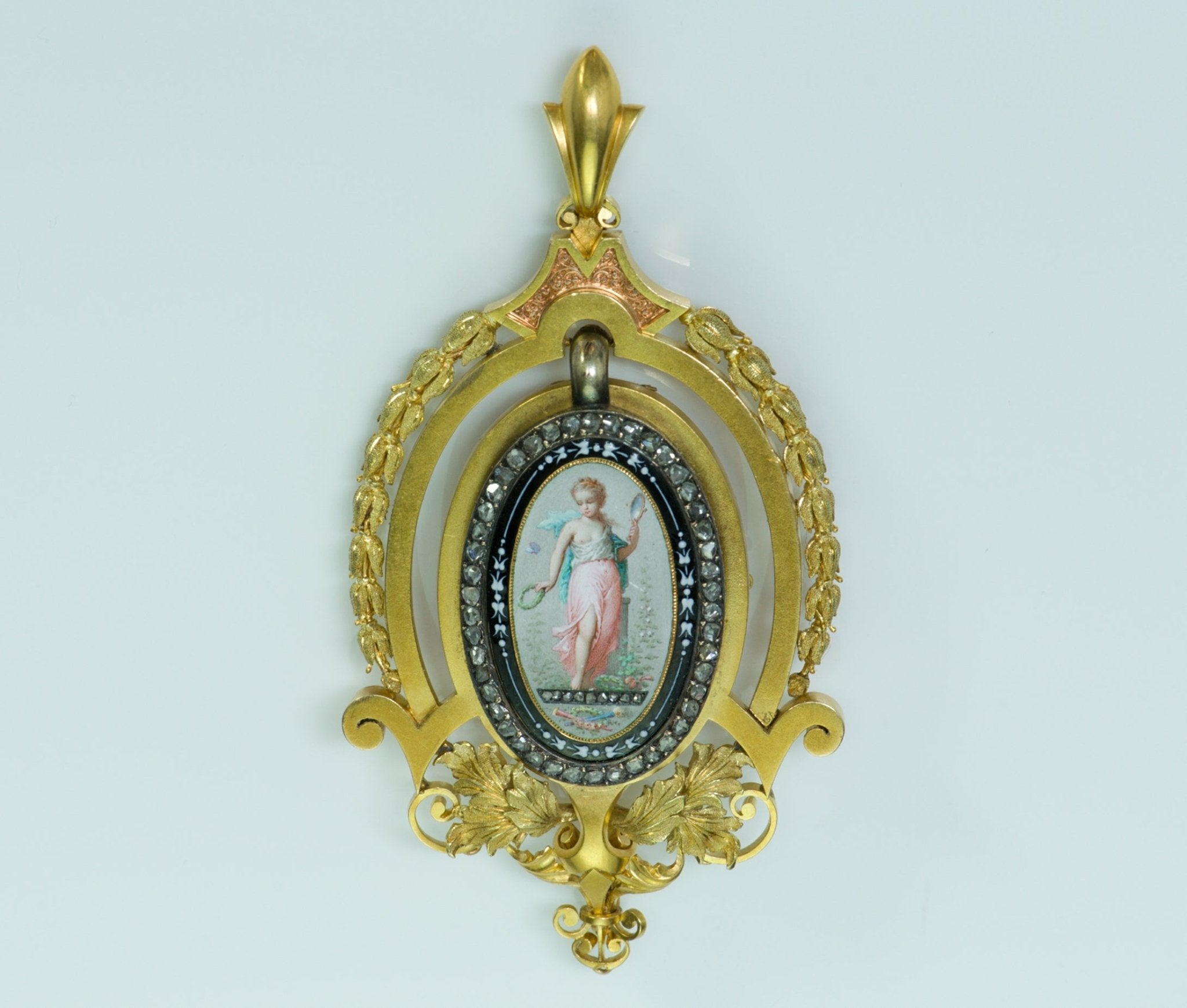 Antique Victorian Gold Enamel Diamond Pendant - DSF Antique Jewelry