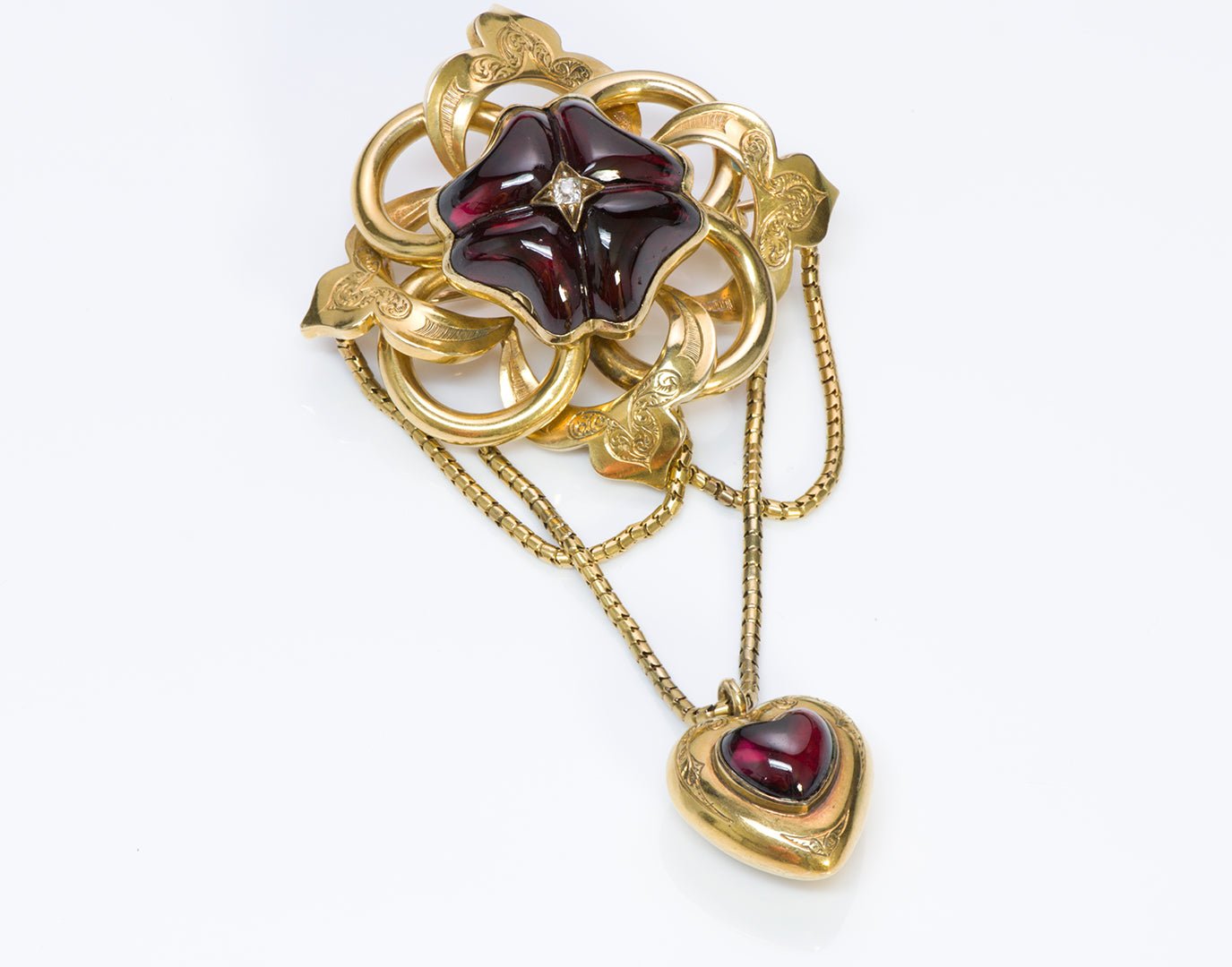 Antique Victorian Gold Fancy Garnet Diamond Brooch Heart Pendant - DSF Antique Jewelry