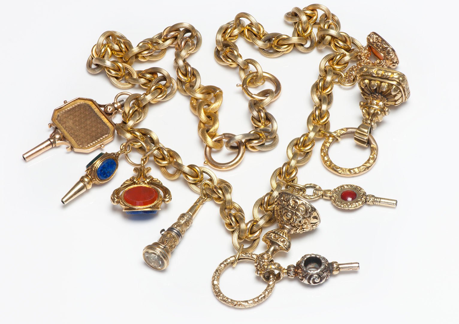 Antique Victorian Gold Necklace with Attached Fob Pendants