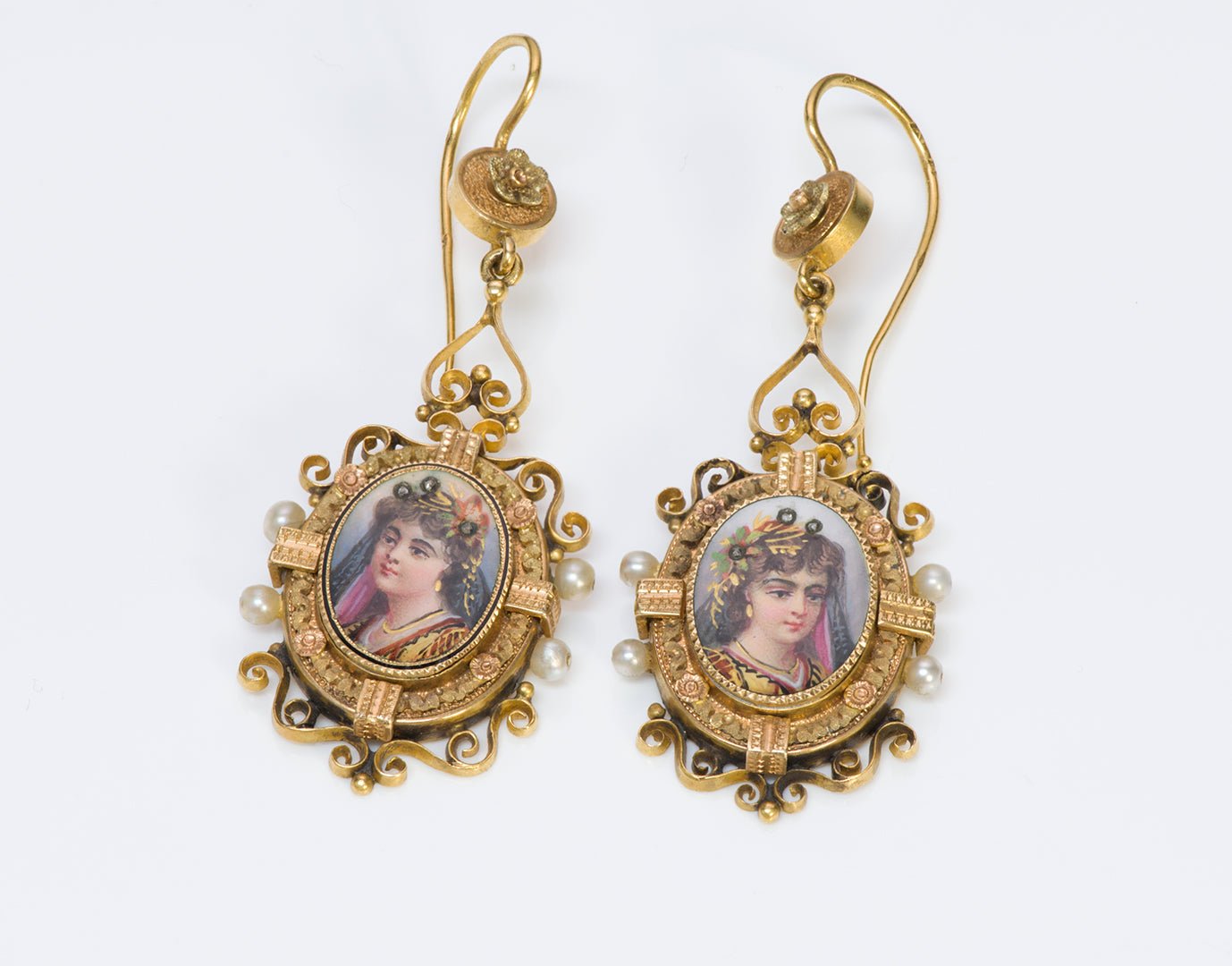 Antique Victorian Gold Pearl Diamond Portrait Enamel Suite Earrings Pendant