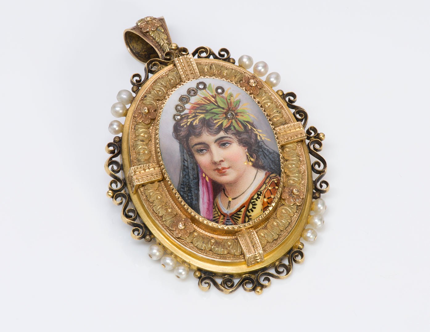 Antique Victorian Gold Pearl Diamond Portrait Enamel Suite Earrings Pendant
