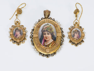 Antique Victorian Gold Pearl Diamond Portrait Enamel Suite Earrings Pendant