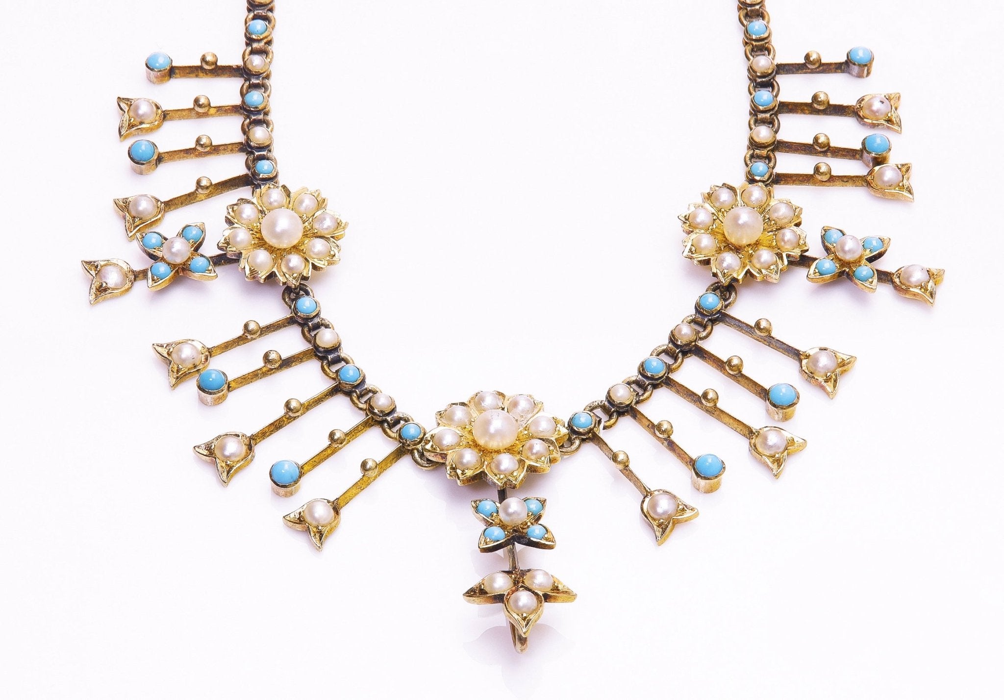 Antique Victorian Gold Pearl Turquoise Necklace - DSF Antique Jewelry