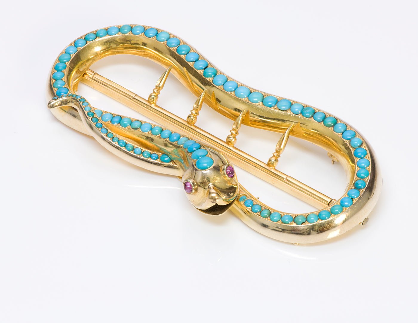 Antique Victorian Gold Snake Ruby Turquoise Buckle Pin