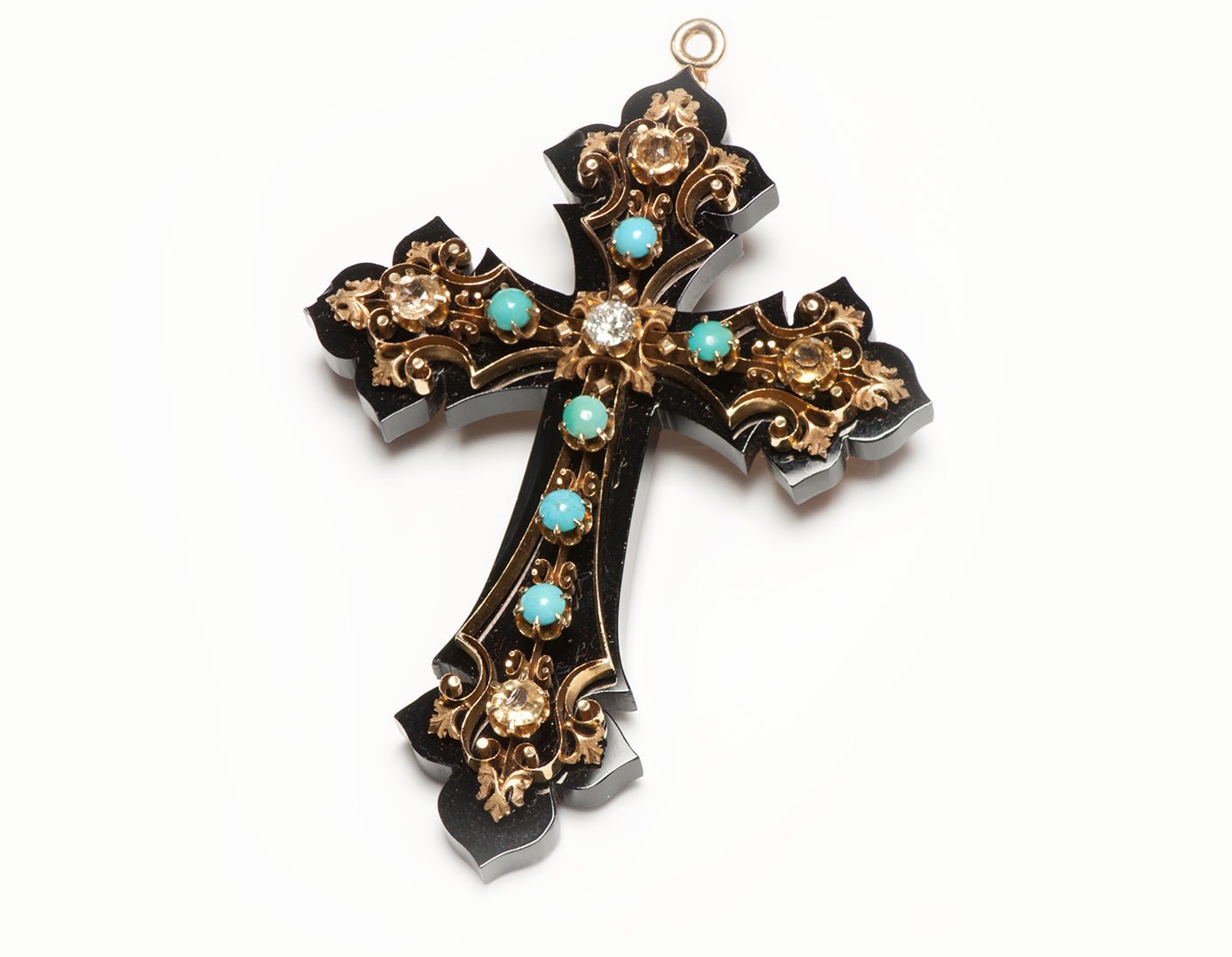 Antique Victorian Onyx Diamond Citrine Turquoise Cross Pendant Brooch - DSF Antique Jewelry