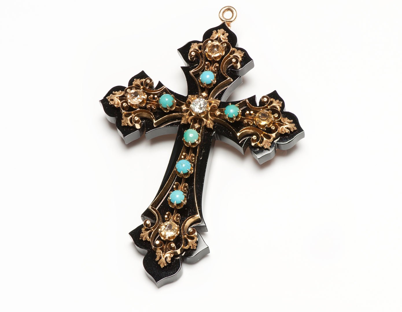 Antique Victorian Onyx Diamond Citrine Turquoise Cross Pendant Brooch
