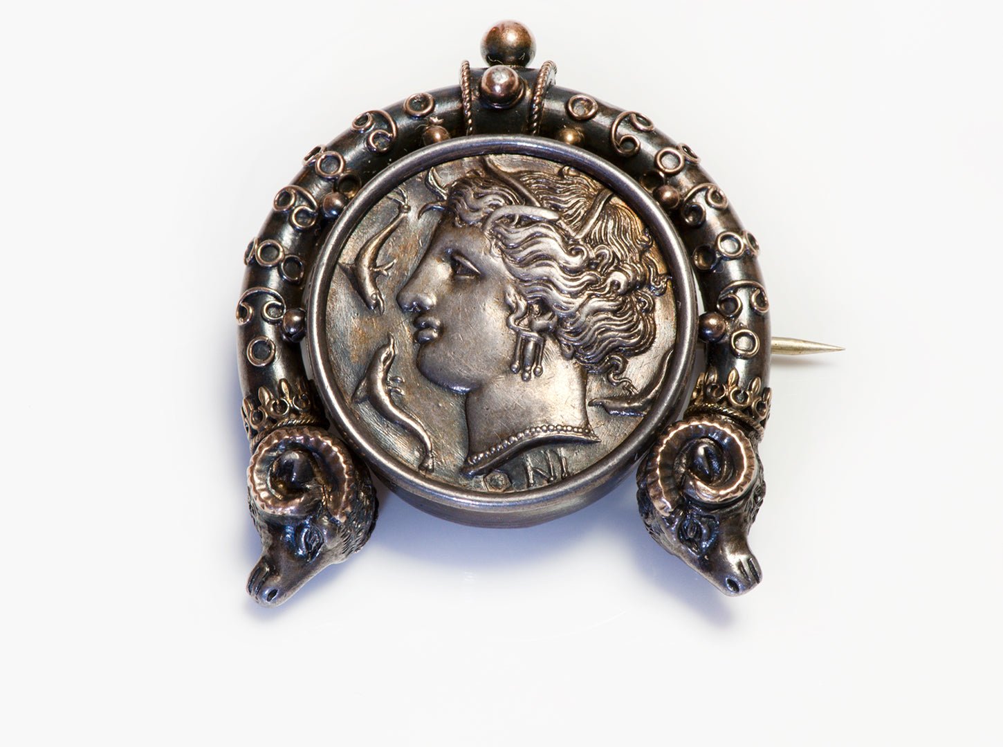 Antique Victorian Silver Gold Brooch Mounted with an Ancient Silver Roman Coin - DSF Antique Jewelry