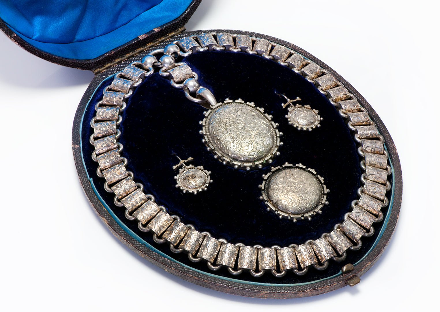 Antique Victorian Silver Locket Necklace Earrings Brooch