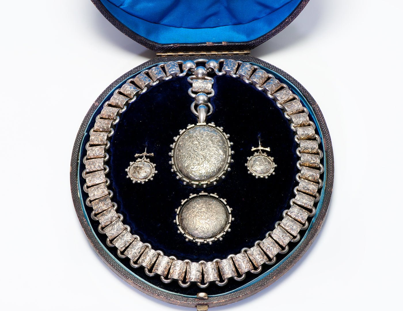 Antique Victorian Silver Locket Necklace Earrings Brooch