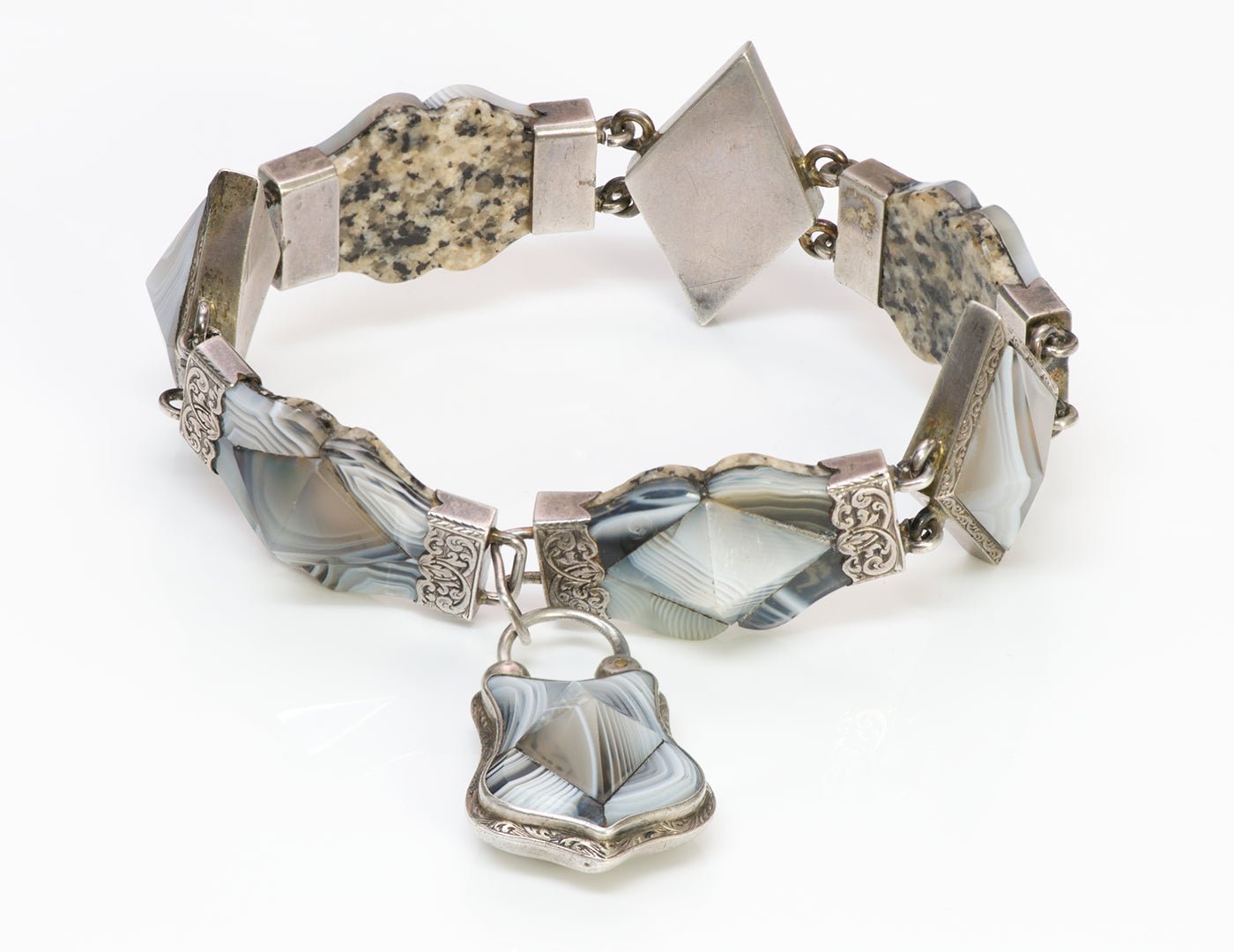 Antique Victorian Silver Scottish Agate Padlock Bracelet