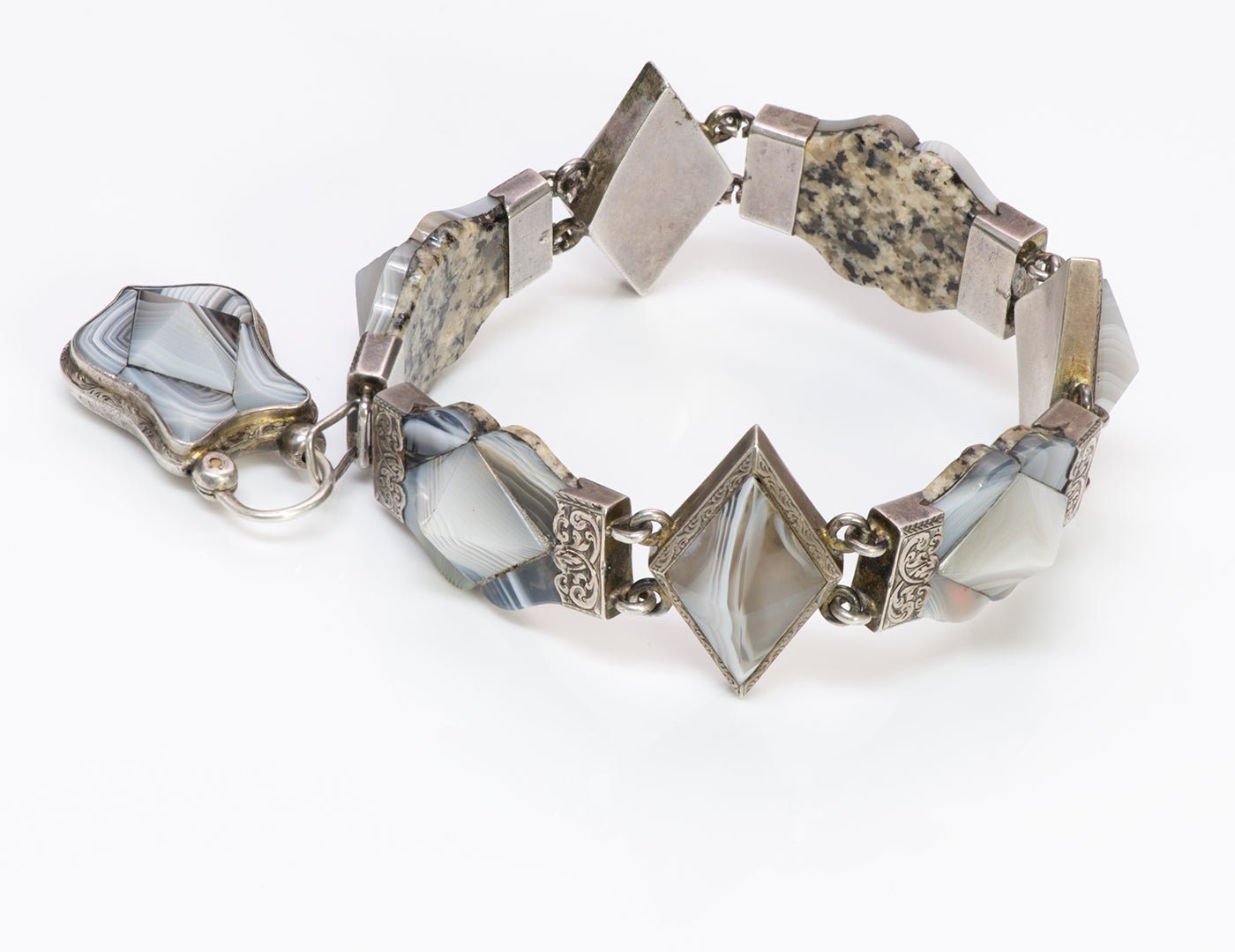 Antique Victorian Silver Scottish Agate Padlock Bracelet