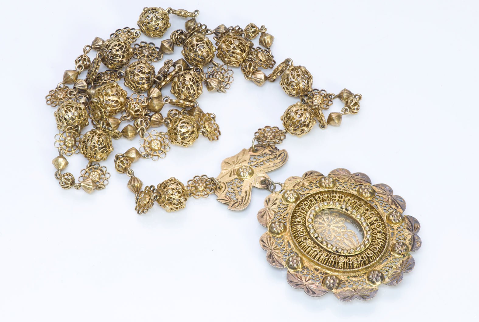 Antique Victorian Spanish Colonial Silver Gilt Filigree Necklace Pendant