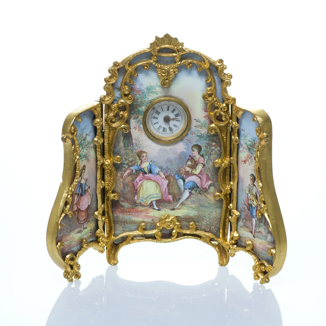 Antique Viennese Gilt Bronze Enamel Clock