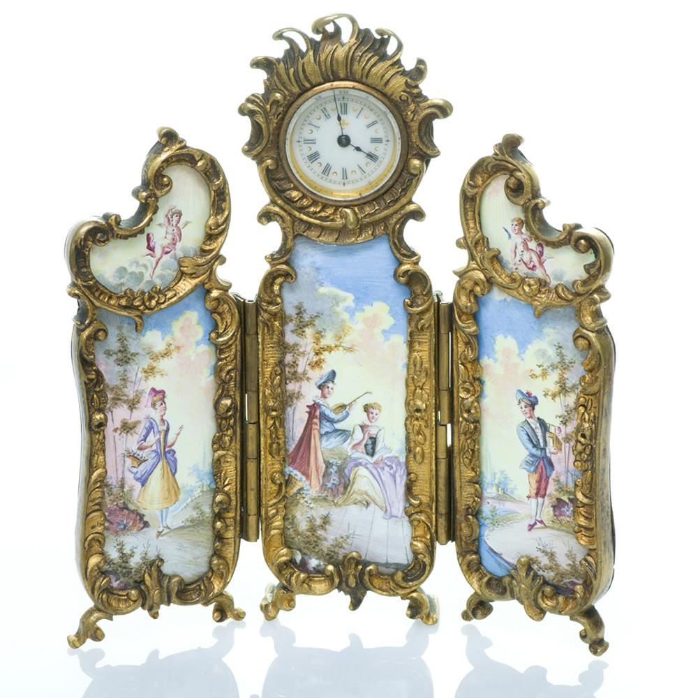 Antique Viennese Gilt Bronze Enamel Clock Table Screen by Franz Hiess & Sohne, Wien
