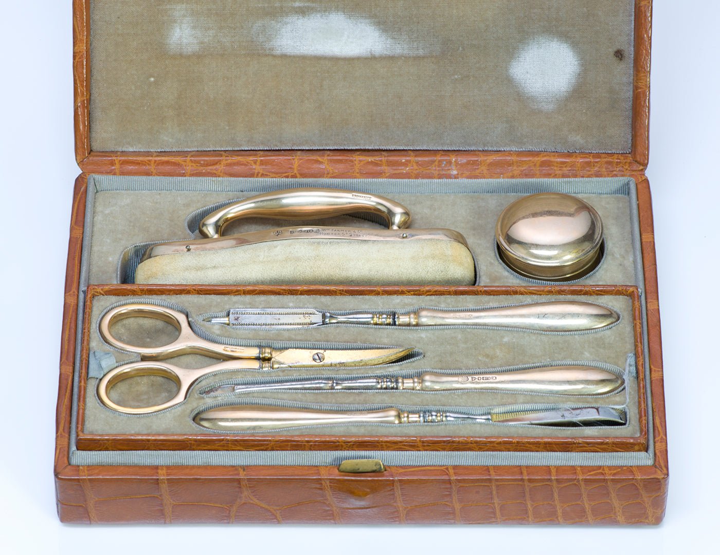 Antique William Farmer & Co. Crocodile 10K Gold Vanity Travel Set