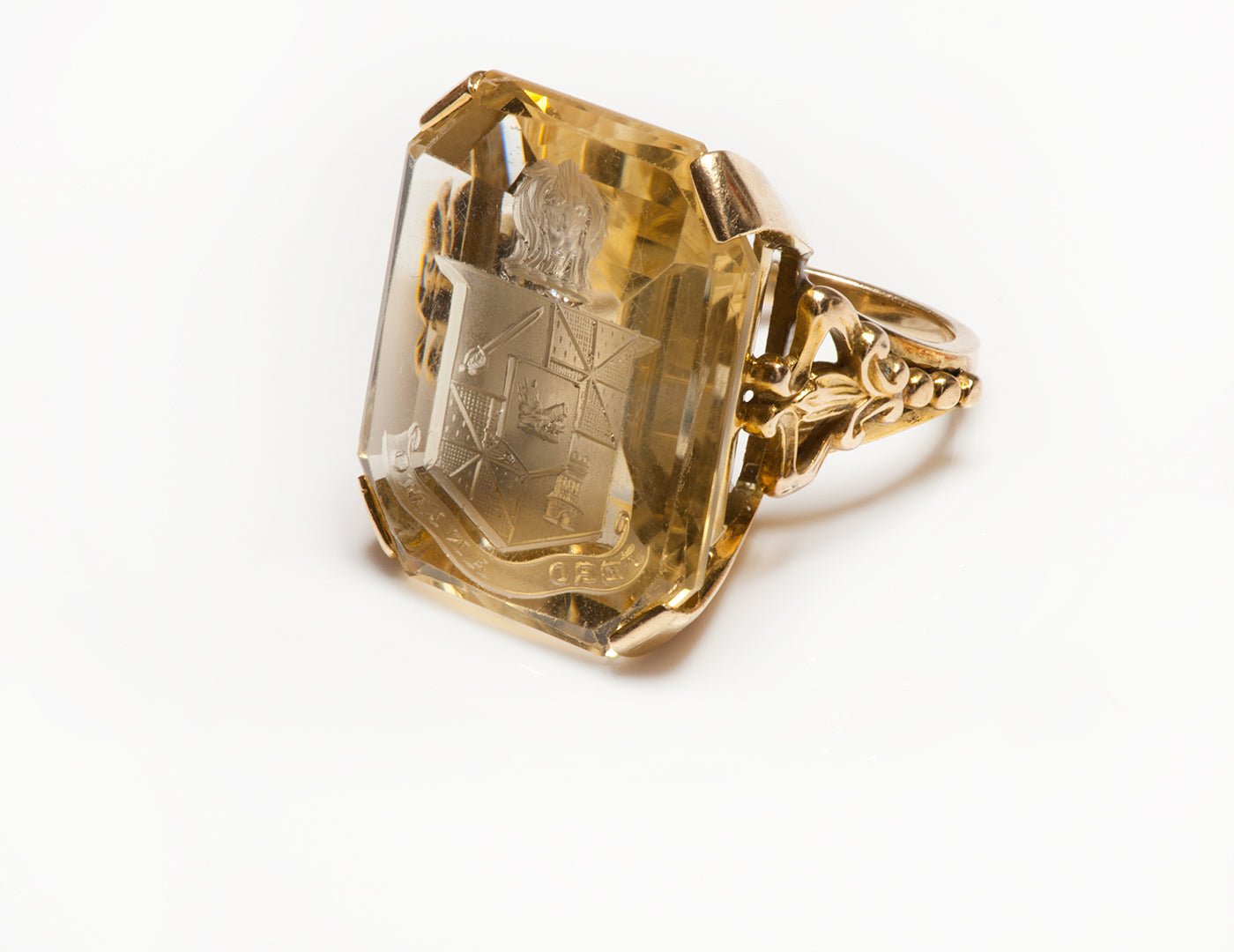 Antique Yellow Gold Citrine Crest Ring - DSF Antique Jewelry