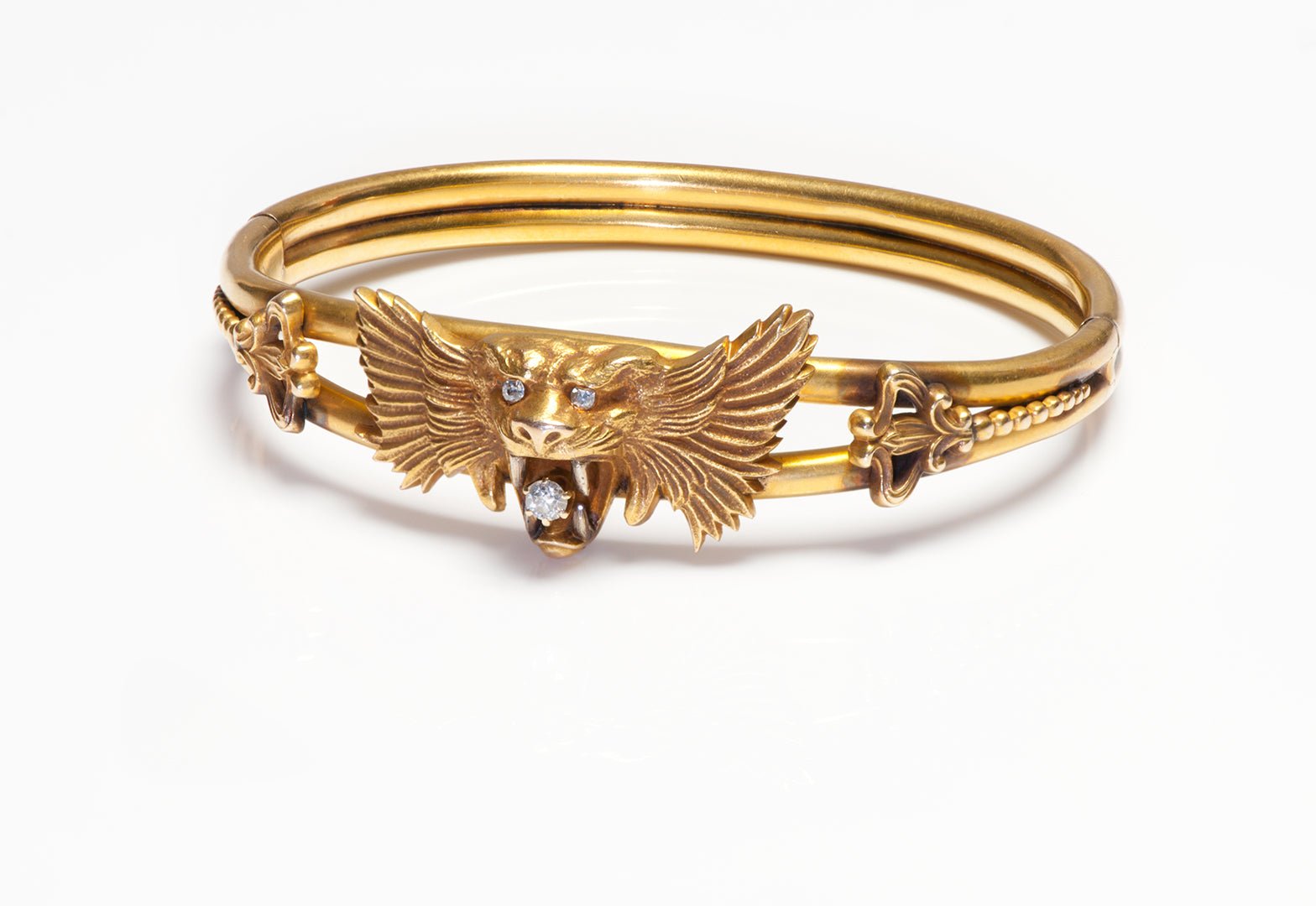 Antique Yellow Gold Diamond Griffin Bangle Bracelet