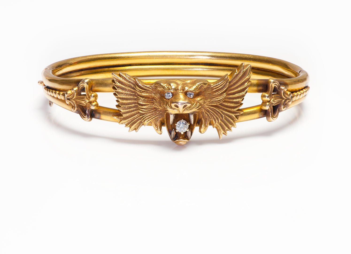 Antique Yellow Gold Diamond Griffin Bangle Bracelet