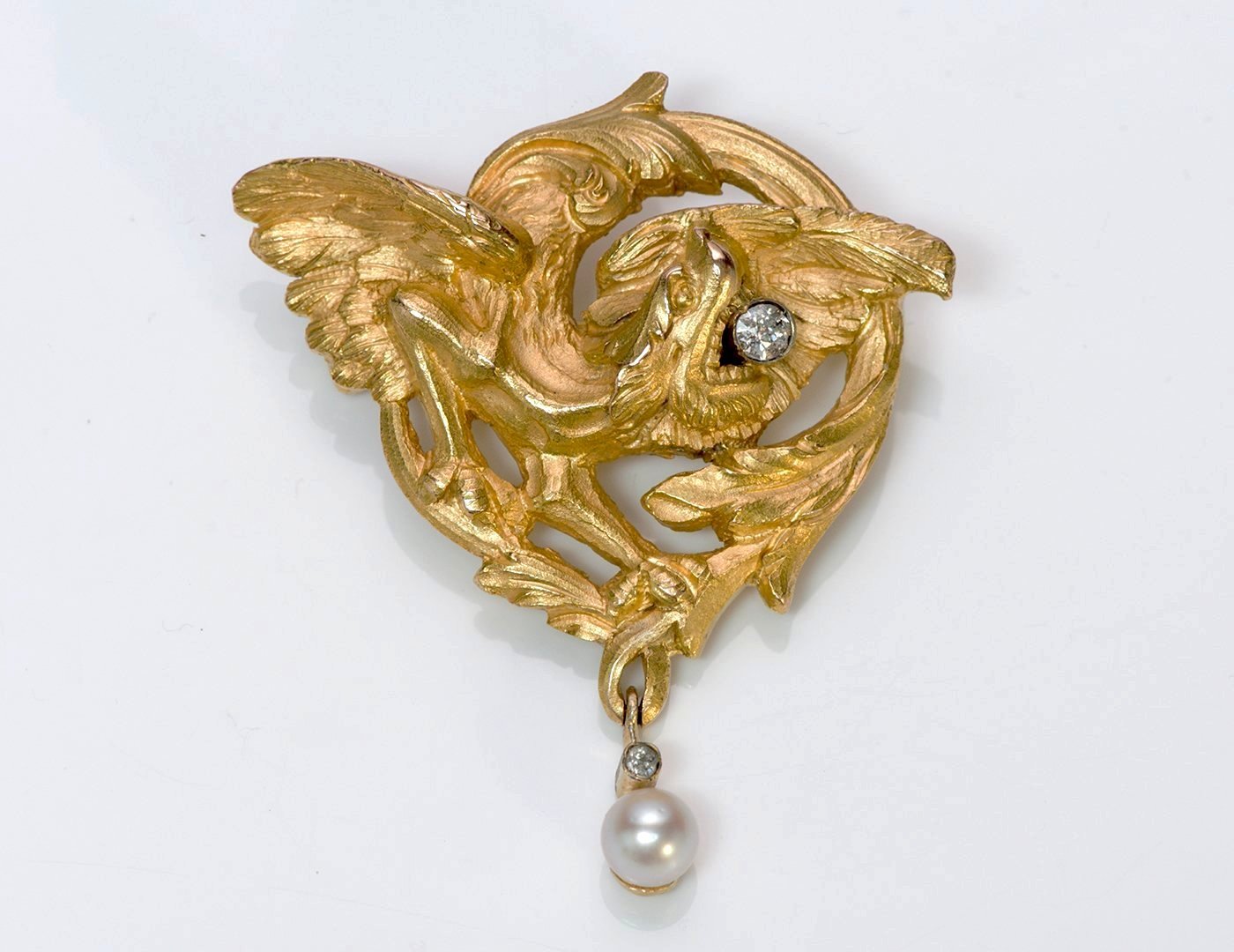 Antique Yellow Gold Diamond Pearl Griffin Brooch