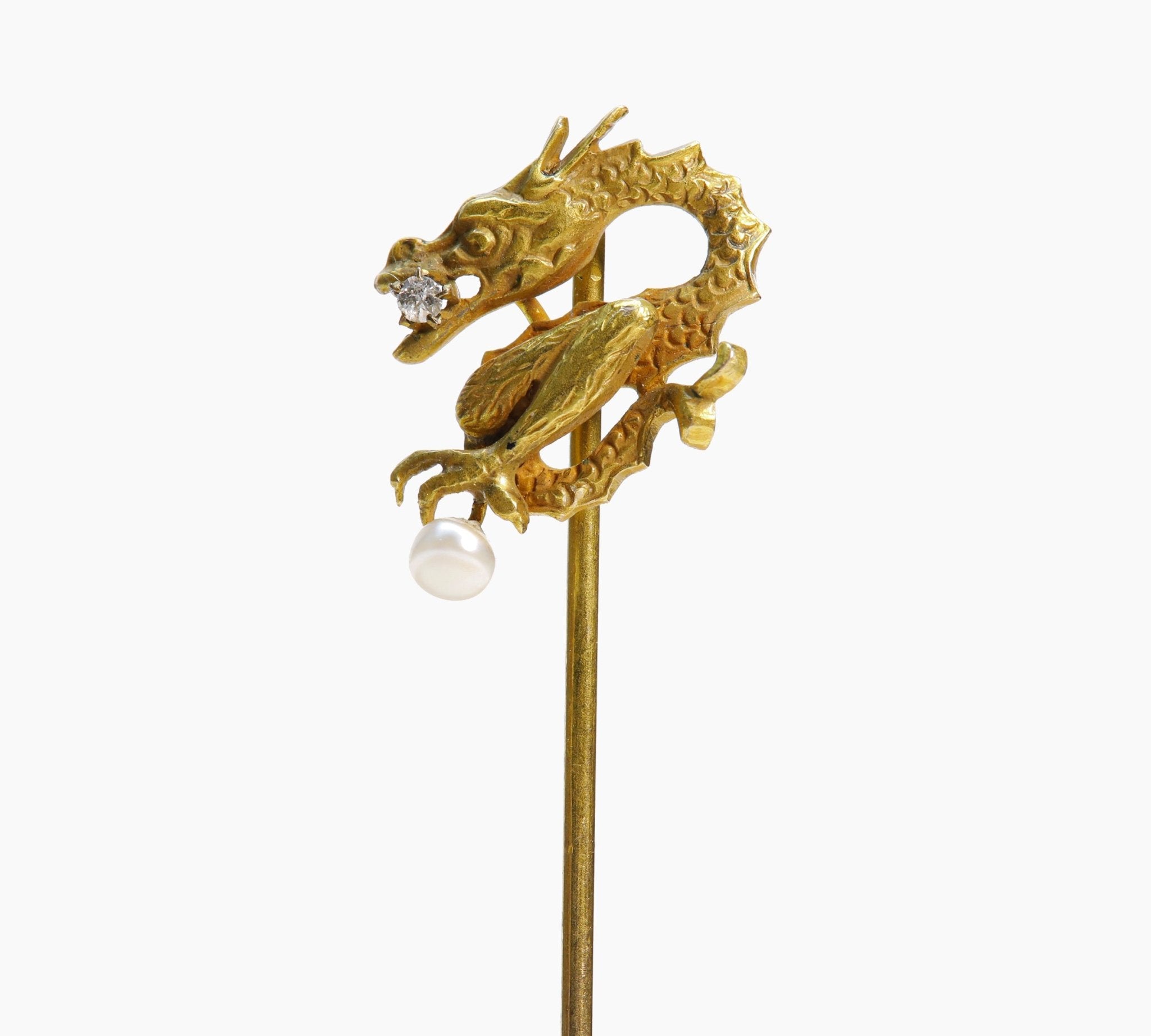Antique Yellow Gold Diamond Pearl Griffin Stick Pin