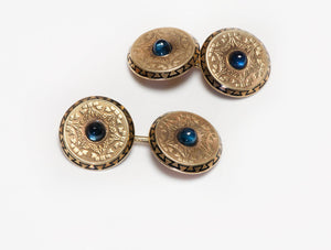 Antique Yellow Gold Enamel Cabochon Sapphire Cufflinks