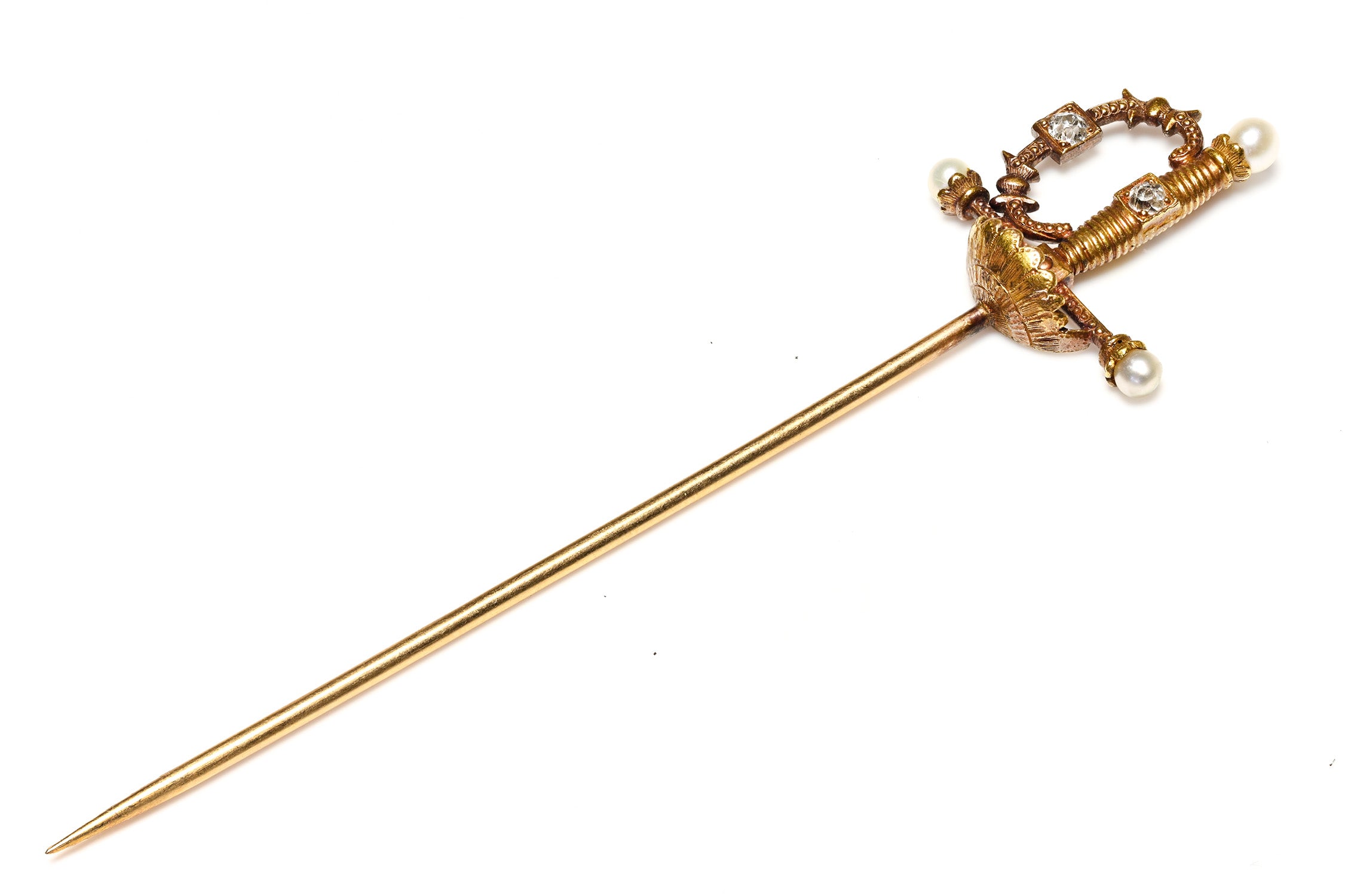 Antique Gold Sword Diamond Pearl Stick Pin