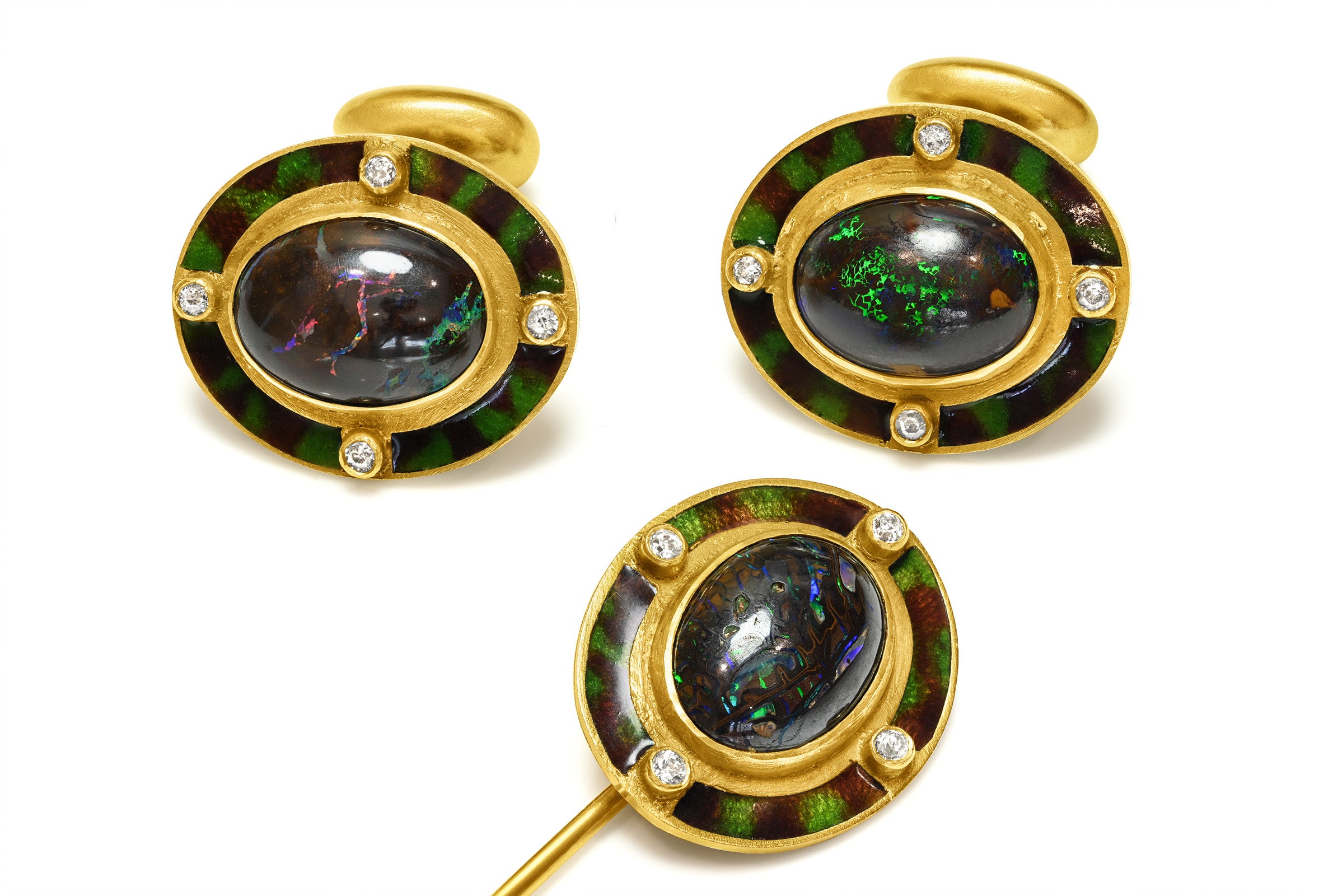 Antique Gold Boulder Opal Enamel Diamond Cufflinks Stickpin Set