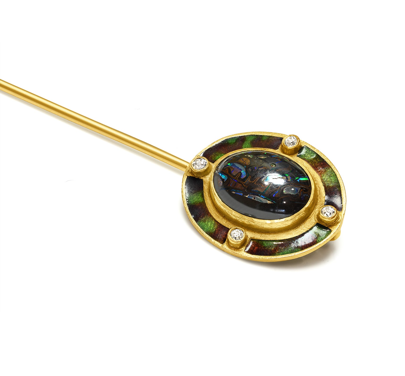Antique Gold Boulder Opal Enamel Diamond Stickpin