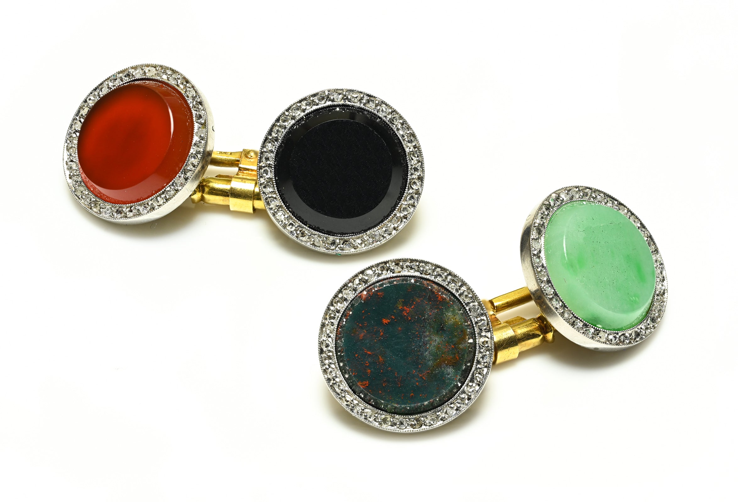 Edwardian Cufflinks with Diamond, Bloodstone, Carnelian, Onyx & Agate Gold Platinum