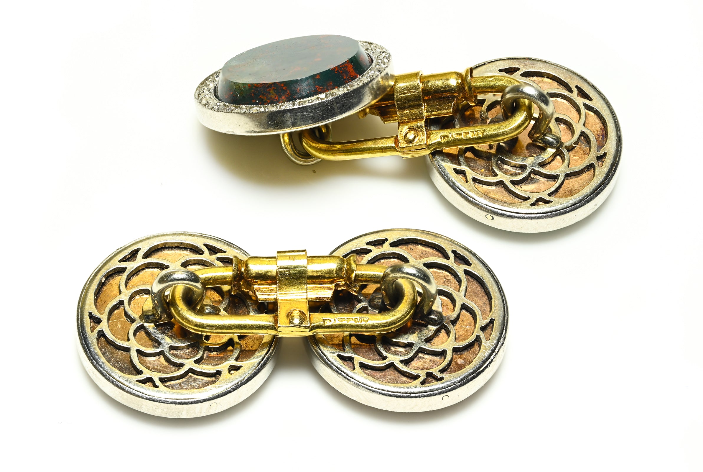 Edwardian Cufflinks with Diamond, Bloodstone, Carnelian, Onyx & Agate Gold Platinum
