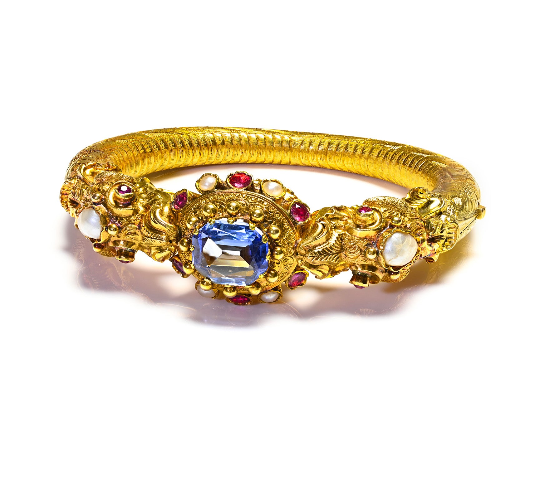 Exquisite Antique Unheated Ceylon Sapphire Ruby Pearl Gold Bracelet