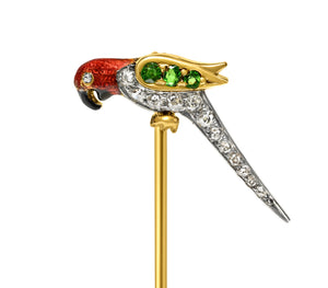 Antique Parrot Stick Pin with Diamonds, Demantoid Garnets and Enamel