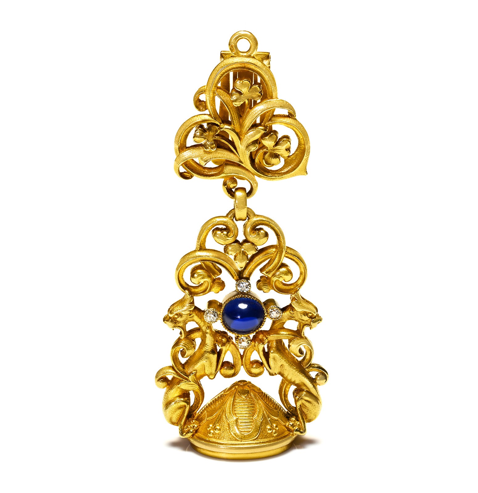 Art Nouveau French 18K Gold Griffin Fob Sapphire Diamonds