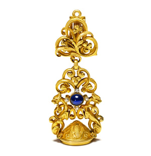 Art Nouveau French 18K Gold Griffin Fob with Sapphire & Diamonds