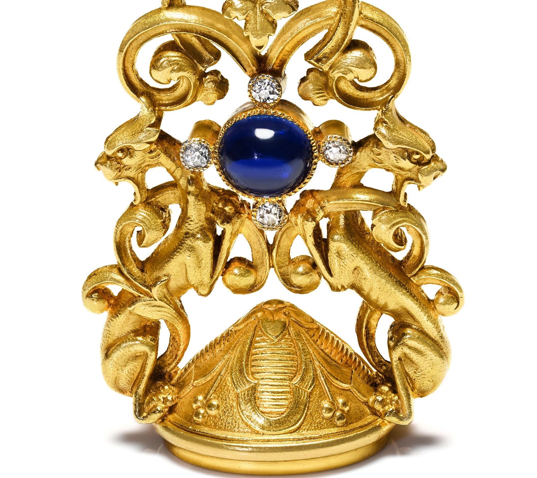 Art Nouveau French 18K Gold Griffin Fob Sapphire Diamonds