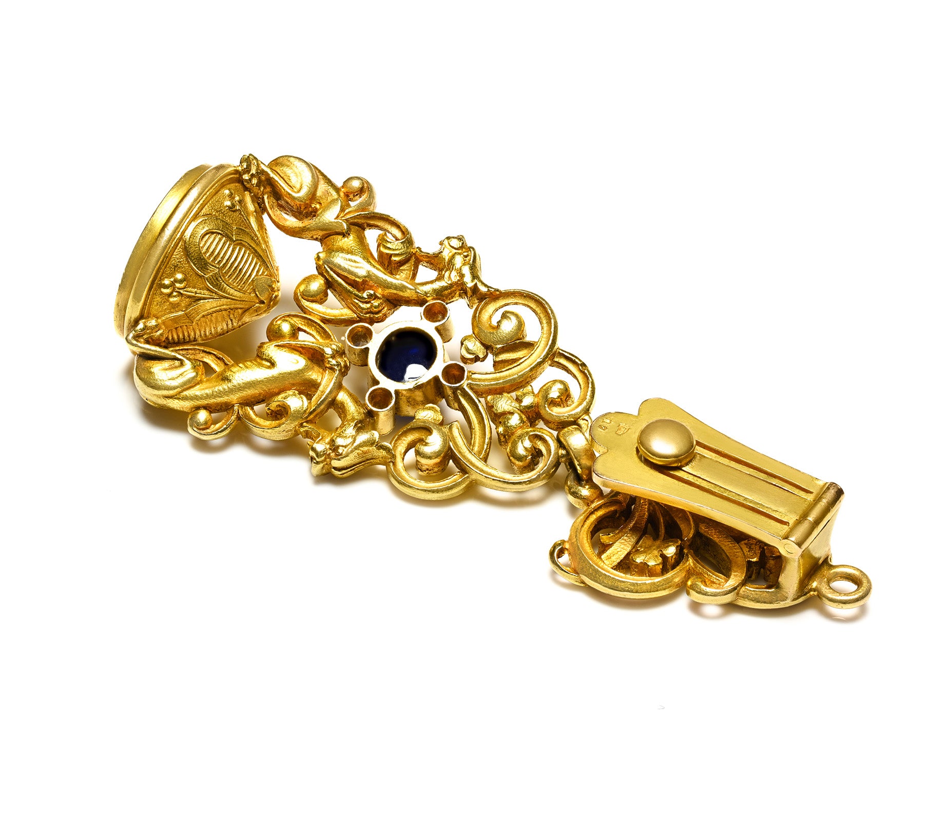 Antique French 18K Gold Griffin Fob Sapphire Diamonds 