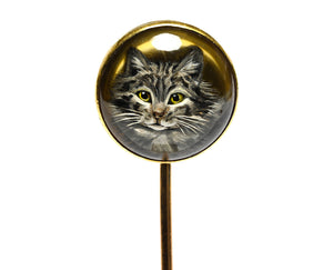 Antique French 18K Gold Cat Stick Pin with Reverse Crystal Painting